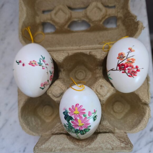 Vintage Hand Painted Decorative Easter Eggs Set 3 Floral Bird Hanging Ornaments - Picture 6 of 7